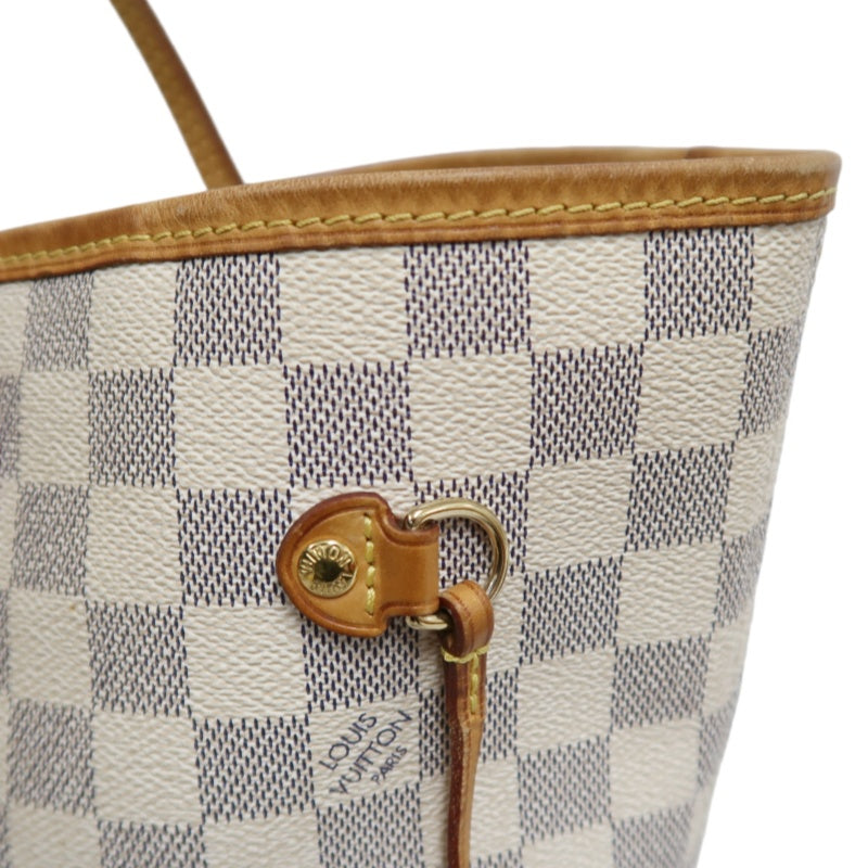 LOUISVUITTON LV White Damier Azur Neverfull PVC Canvas With Patina Vachetta Leather Trim Tote Shoulder Bag With Gold Hardware