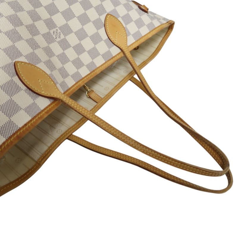 LOUISVUITTON LV White Damier Azur Neverfull PVC Canvas With Patina Vachetta Leather Trim Tote Shoulder Bag With Gold Hardware