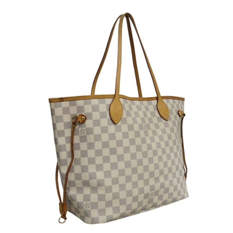 LOUISVUITTON LV White Damier Azur Neverfull PVC Canvas With Patina Vachetta Leather Trim Tote Shoulder Bag With Gold Hardware