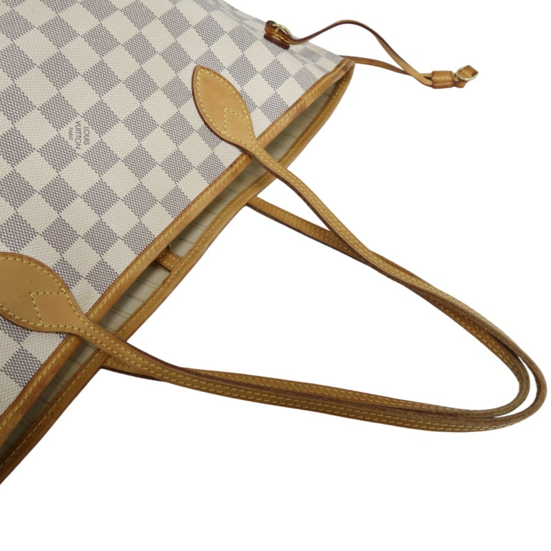 LOUISVUITTON LV White Damier Azur Neverfull PVC Canvas With Patina Vachetta Leather Trim Tote Shoulder Bag With Gold Hardware