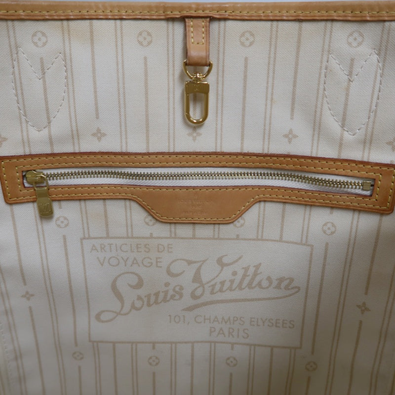 LOUISVUITTON LV White Damier Azur Neverfull PVC Canvas With Patina Vachetta Leather Trim Tote Shoulder Bag With Gold Hardware
