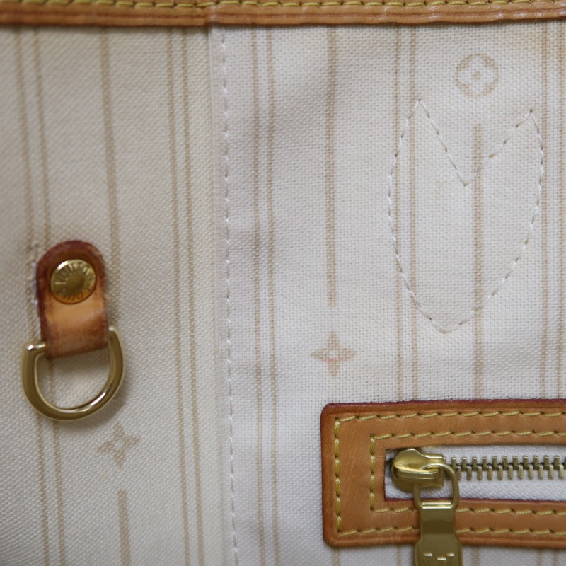 LOUISVUITTON LV White Damier Azur Neverfull PVC Canvas With Patina Vachetta Leather Trim Tote Shoulder Bag With Gold Hardware