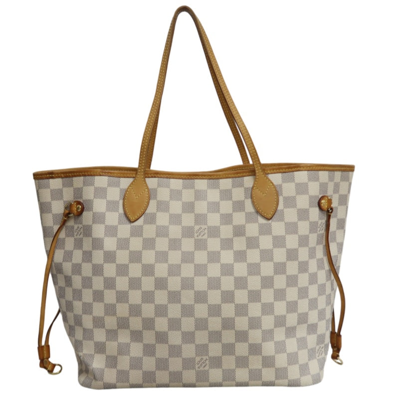 LOUISVUITTON LV White Damier Azur Neverfull PVC Canvas With Patina Vachetta Leather Trim Tote Shoulder Bag With Gold Hardware