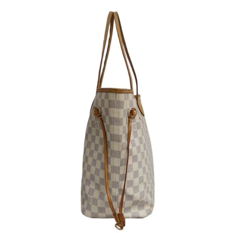 LOUISVUITTON LV White Damier Azur Neverfull PVC Canvas With Patina Vachetta Leather Trim Tote Shoulder Bag With Gold Hardware