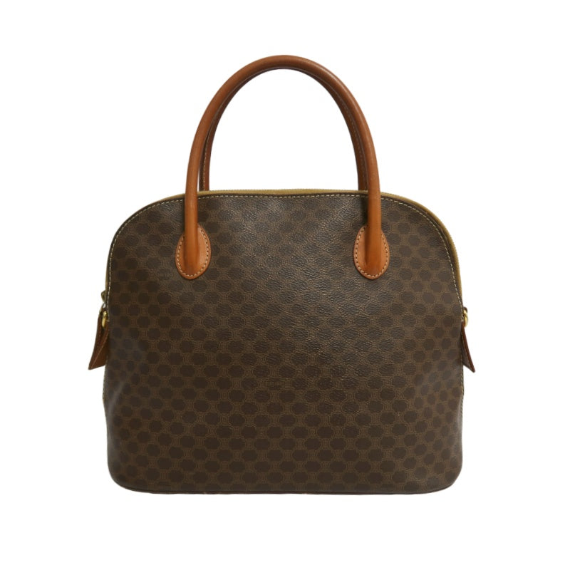 CELINE Macadam Monogram Dome Handbag Brown Canvas Tan Leather Handle Gold Hardware Vintage Classic Casual Work Bag