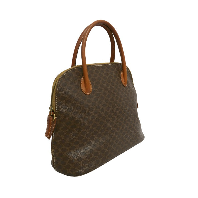 CELINE Macadam Monogram Dome Handbag Brown Canvas Tan Leather Handle Gold Hardware Vintage Classic Casual Work Bag