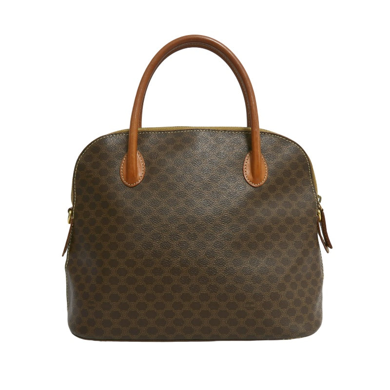 CELINE Macadam Monogram Dome Handbag Brown Canvas Tan Leather Handle Gold Hardware Vintage Classic Casual Work Bag