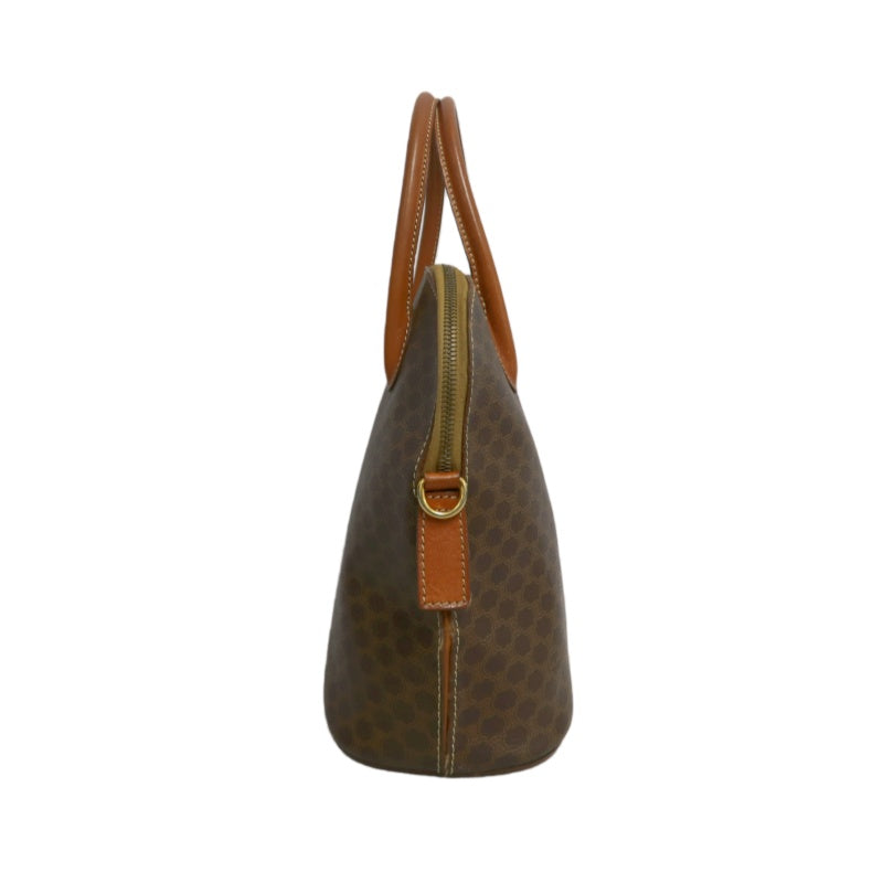 CELINE Macadam Monogram Dome Handbag Brown Canvas Tan Leather Handle Gold Hardware Vintage Classic Casual Work Bag