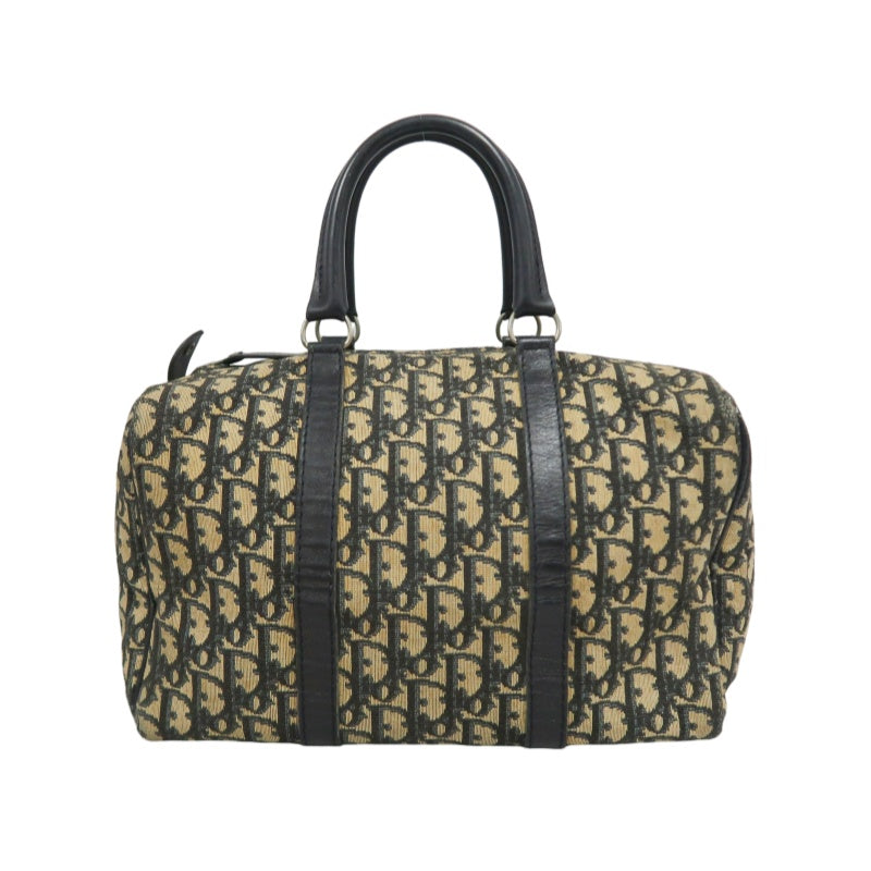 CHRISTIAN DIOR Trotter Oblique Monogram Canvas Mini Boston Handbag Navy Blue Jacquard Dark Navy Leather Trim Silver Hardware Vintage Spacious Classic Commute Everyday Bag