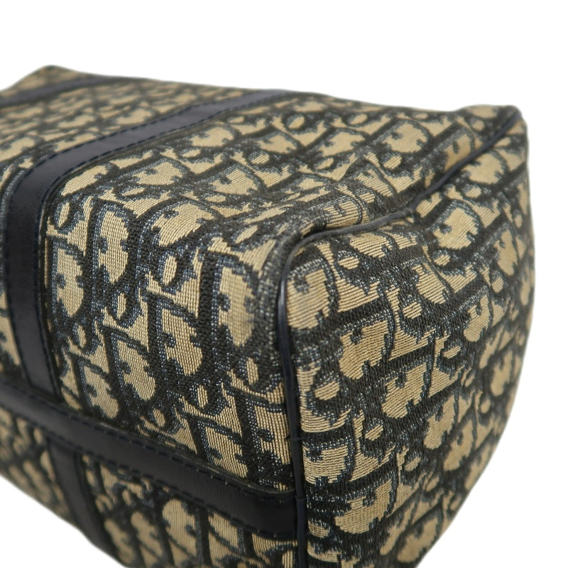 CHRISTIAN DIOR Trotter Oblique Monogram Canvas Mini Boston Handbag Navy Blue Jacquard Dark Navy Leather Trim Silver Hardware Vintage Spacious Classic Commute Everyday Bag