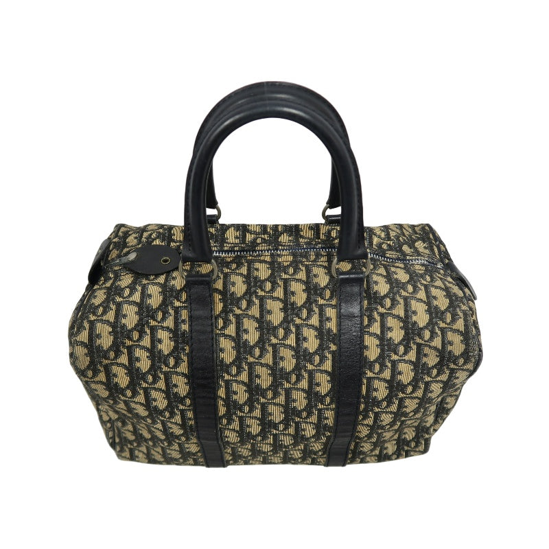 CHRISTIAN DIOR Trotter Oblique Monogram Canvas Mini Boston Handbag Navy Blue Jacquard Dark Navy Leather Trim Silver Hardware Vintage Spacious Classic Commute Everyday Bag