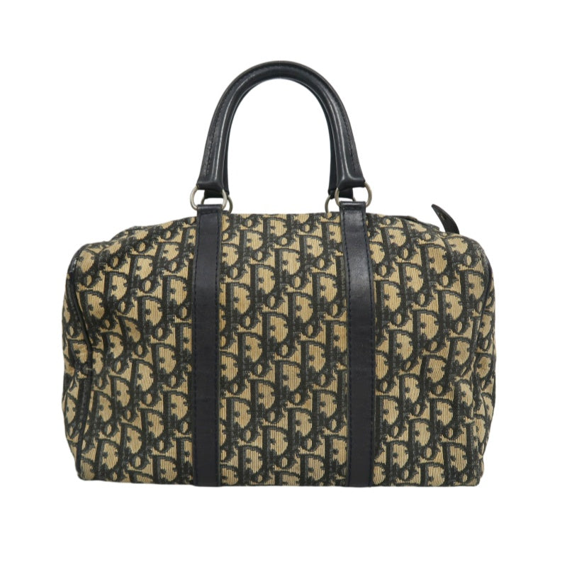 CHRISTIAN DIOR Trotter Oblique Monogram Canvas Mini Boston Handbag Navy Blue Jacquard Dark Navy Leather Trim Silver Hardware Vintage Spacious Classic Commute Everyday Bag