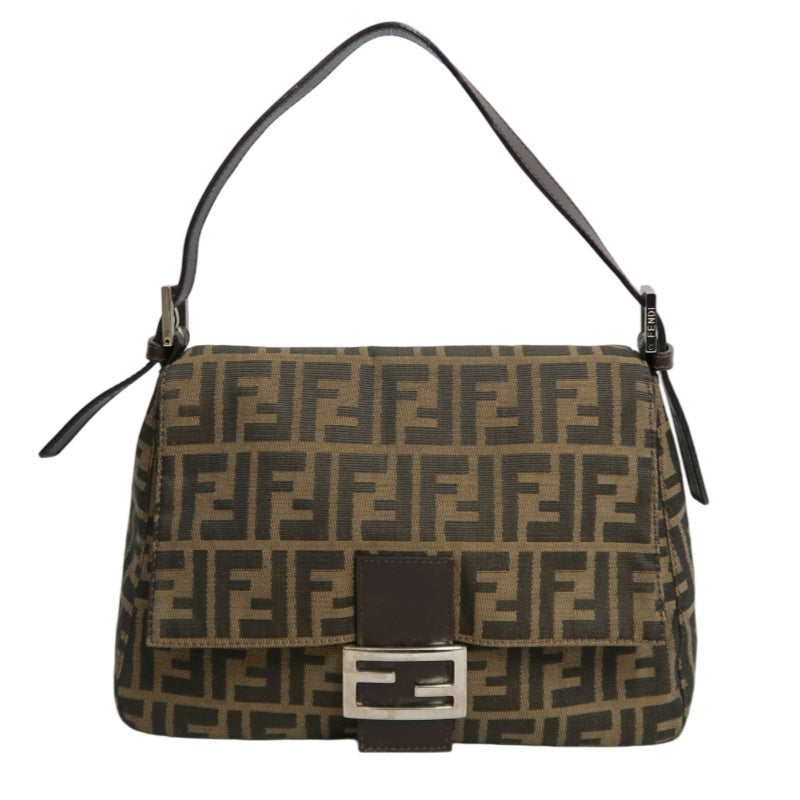 FENDI Large Zucca Baguette Canvas Shoulder Bag Brown Leather Trim Silver Hardware