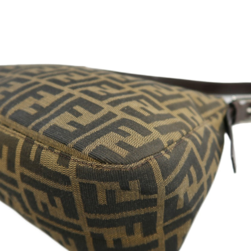FENDI Large Zucca Baguette Canvas Shoulder Bag Brown Leather Trim Silver Hardware