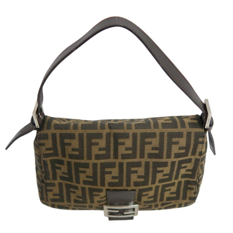 FENDI Large Zucca Baguette Canvas Shoulder Bag Brown Leather Trim Silver Hardware