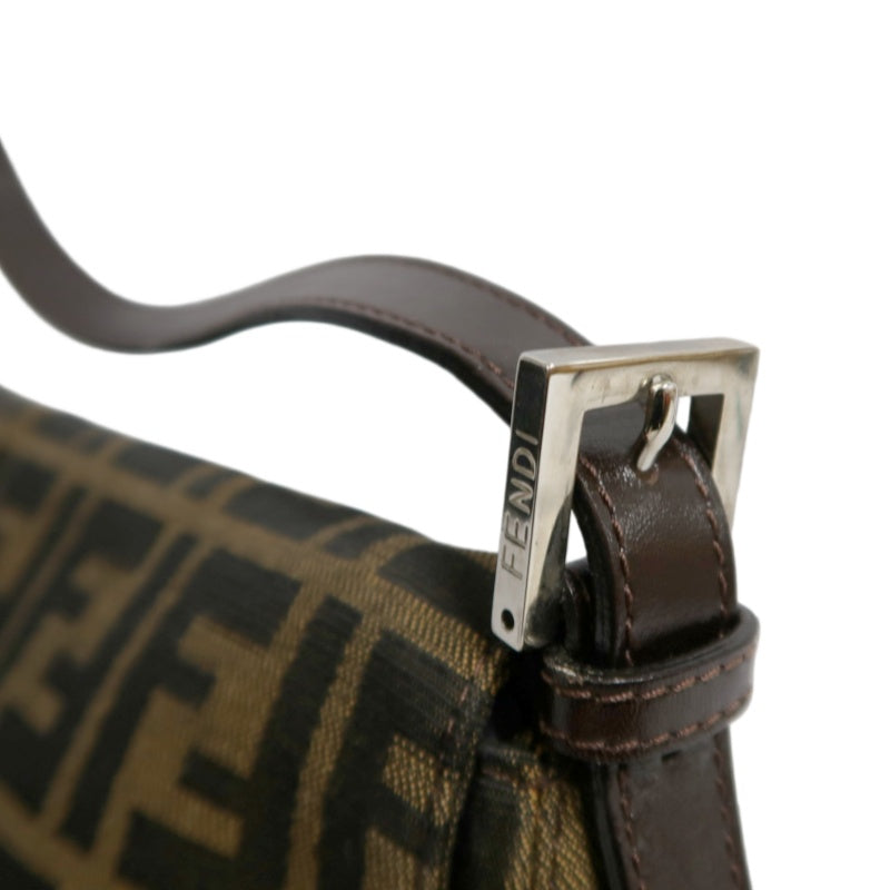 FENDI Large Zucca Baguette Canvas Shoulder Bag Brown Leather Trim Silver Hardware