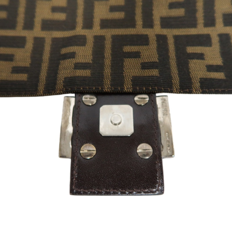 FENDI Large Zucca Baguette Canvas Shoulder Bag Brown Leather Trim Silver Hardware