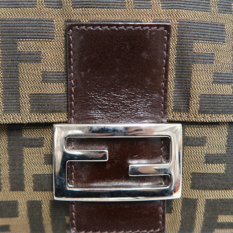 FENDI Large Zucca Baguette Canvas Shoulder Bag Brown Leather Trim Silver Hardware