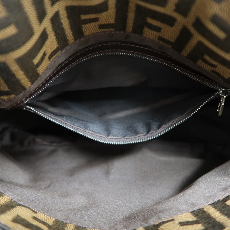 FENDI Large Zucca Baguette Canvas Shoulder Bag Brown Leather Trim Silver Hardware