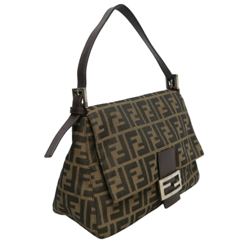 FENDI Large Zucca Baguette Canvas Shoulder Bag Brown Leather Trim Silver Hardware