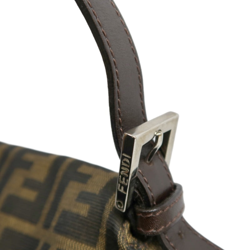 FENDI Large Zucca Baguette Canvas Shoulder Bag Brown Leather Trim Silver Hardware