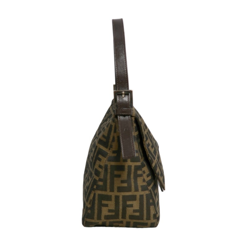 FENDI Large Zucca Baguette Canvas Shoulder Bag Brown Leather Trim Silver Hardware