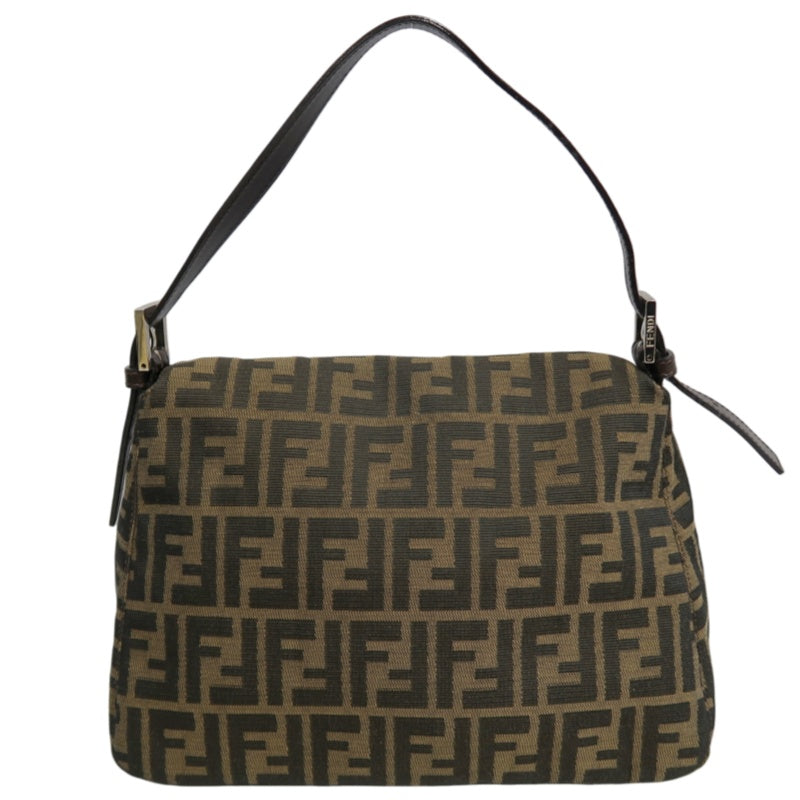 FENDI Large Zucca Baguette Canvas Shoulder Bag Brown Leather Trim Silver Hardware