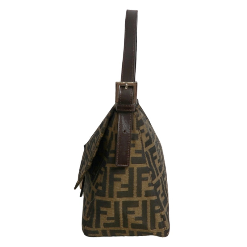 FENDI Large Zucca Baguette Canvas Shoulder Bag Brown Leather Trim Silver Hardware
