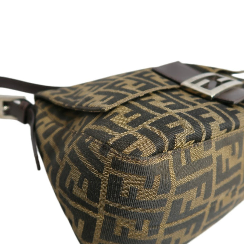 FENDI Large Zucca Baguette Canvas Shoulder Bag Brown Leather Trim Silver Hardware