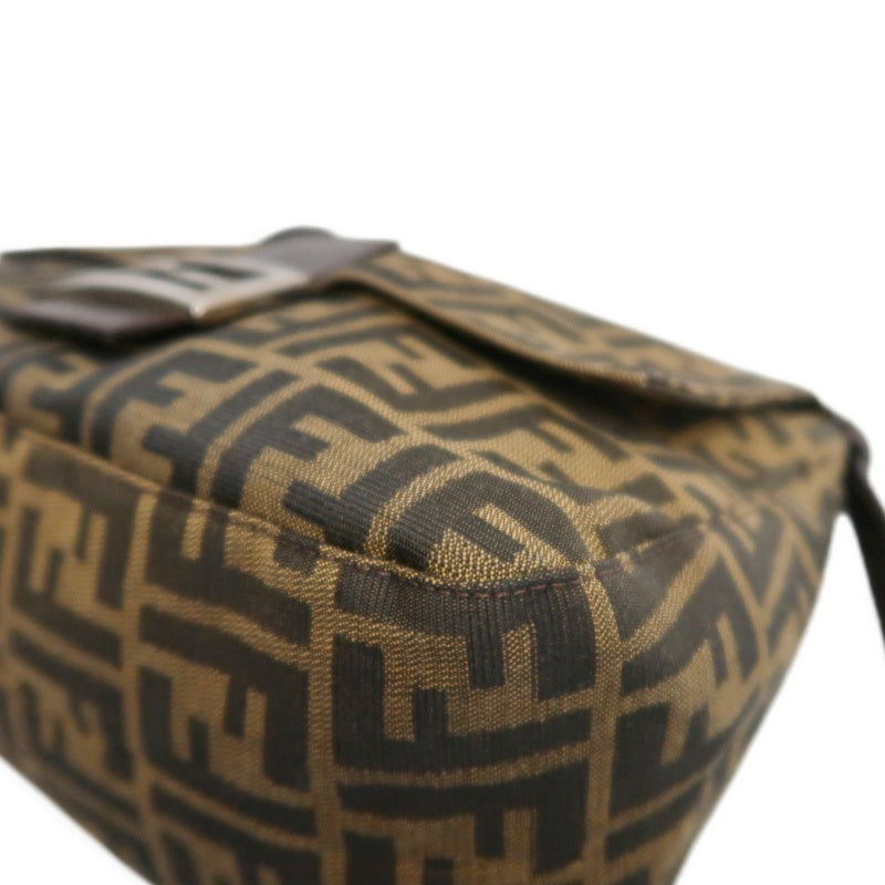 FENDI Large Zucca Baguette Canvas Shoulder Bag Brown Leather Trim Silver Hardware