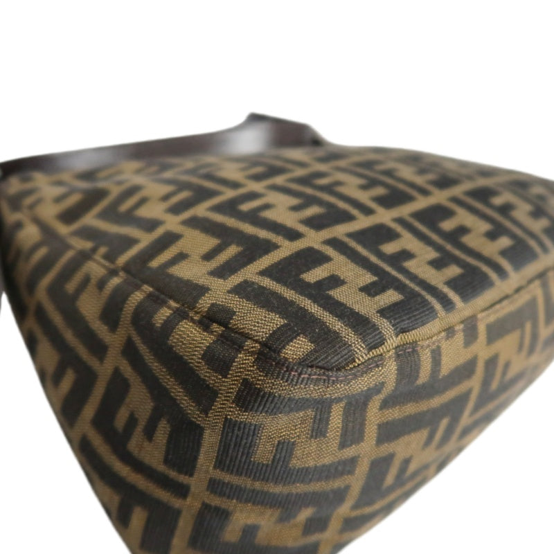 FENDI Large Zucca Baguette Canvas Shoulder Bag Brown Leather Trim Silver Hardware