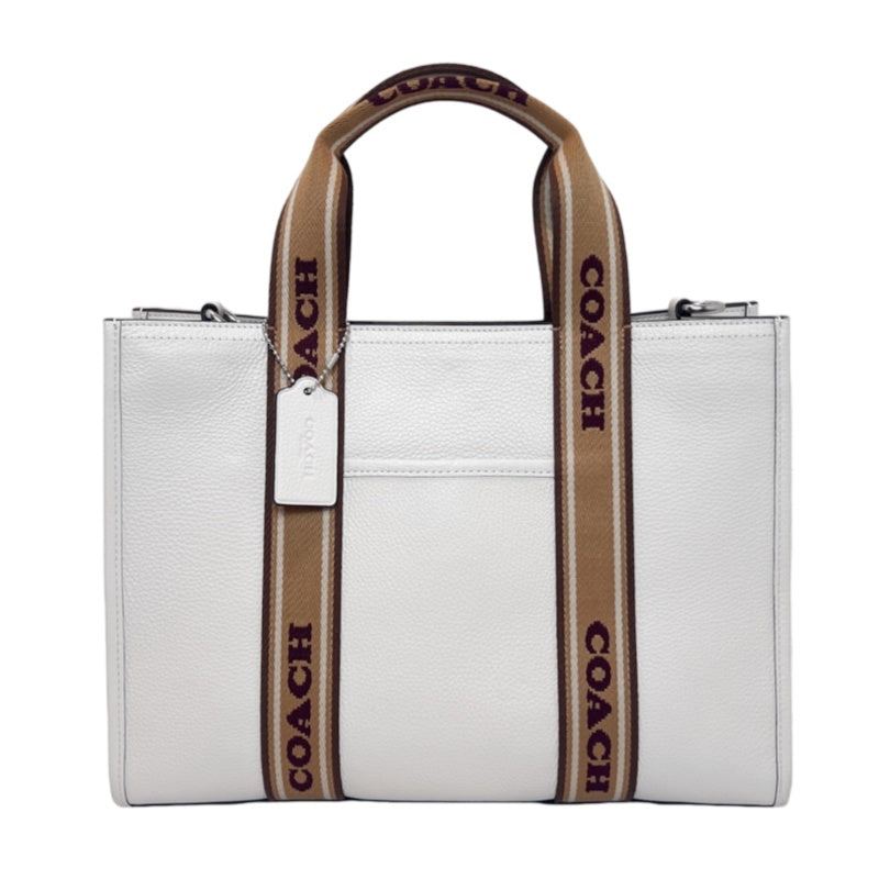 COACH Off-white Pebbled Leather Large Capacity Commuter Tote Handbag, With Brown COACH Logo Printed Webbing Handle, Comes With Detachable Adjustable Shoulder Stra