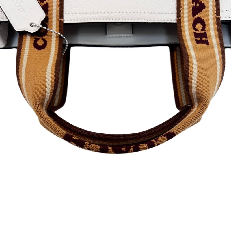 COACH Off-white Pebbled Leather Large Capacity Commuter Tote Handbag, With Brown COACH Logo Printed Webbing Handle, Comes With Detachable Adjustable Shoulder Stra