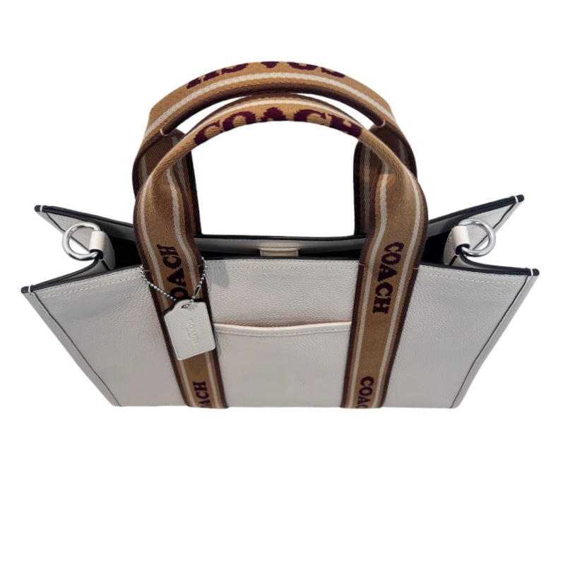 COACH Off-white Pebbled Leather Large Capacity Commuter Tote Handbag, With Brown COACH Logo Printed Webbing Handle, Comes With Detachable Adjustable Shoulder Stra