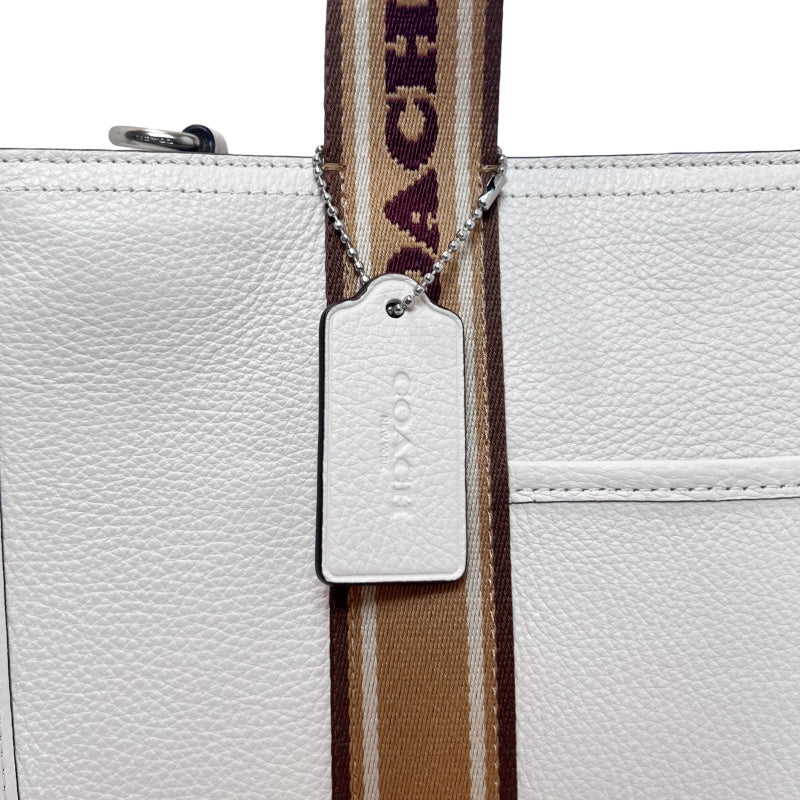 COACH Off-white Pebbled Leather Large Capacity Commuter Tote Handbag, With Brown COACH Logo Printed Webbing Handle, Comes With Detachable Adjustable Shoulder Stra