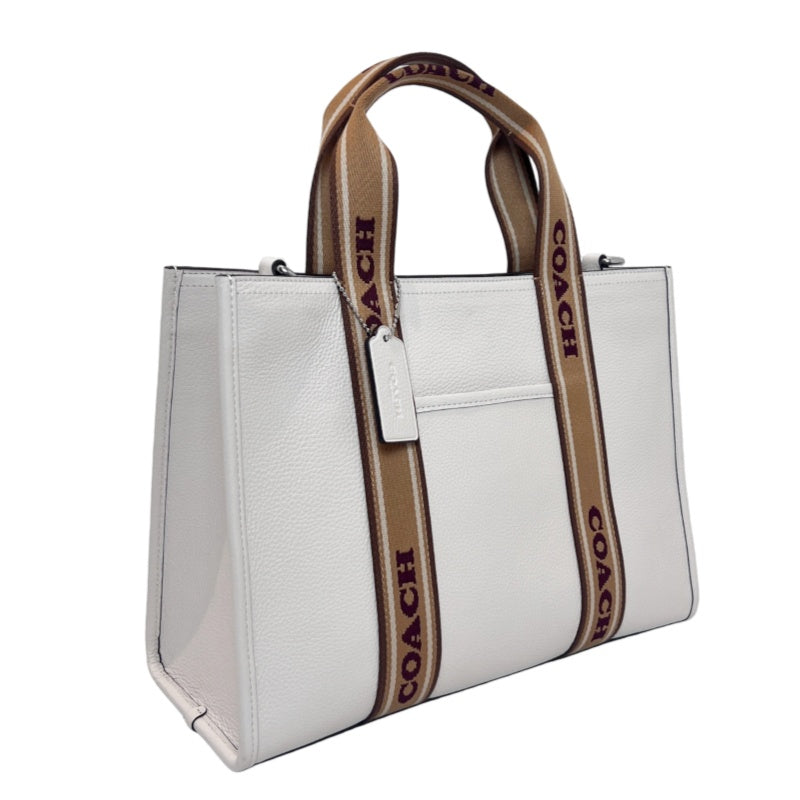 COACH Off-white Pebbled Leather Large Capacity Commuter Tote Handbag, With Brown COACH Logo Printed Webbing Handle, Comes With Detachable Adjustable Shoulder Stra