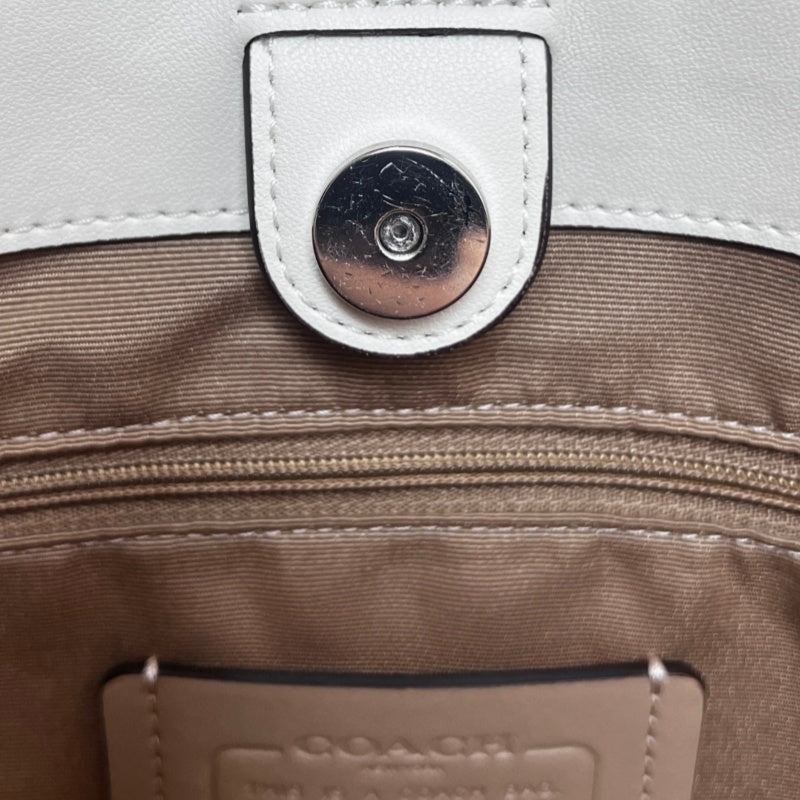 COACH Off-white Pebbled Leather Large Capacity Commuter Tote Handbag, With Brown COACH Logo Printed Webbing Handle, Comes With Detachable Adjustable Shoulder Stra