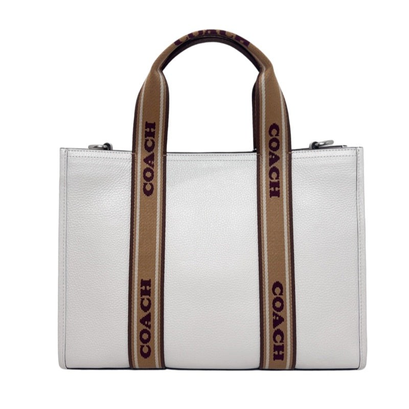 COACH Off-white Pebbled Leather Large Capacity Commuter Tote Handbag, With Brown COACH Logo Printed Webbing Handle, Comes With Detachable Adjustable Shoulder Stra