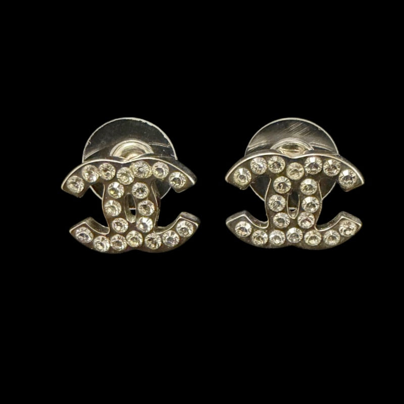 CHANEL Classic CC Logo Crystal Stud Earrings Silver Tone Hardware