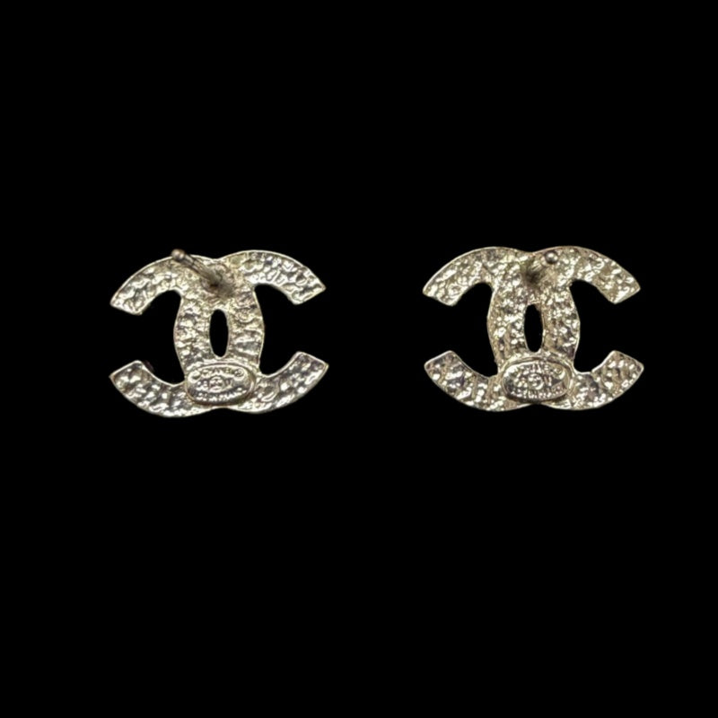 CHANEL Classic CC Logo Crystal Stud Earrings Silver Tone Hardware