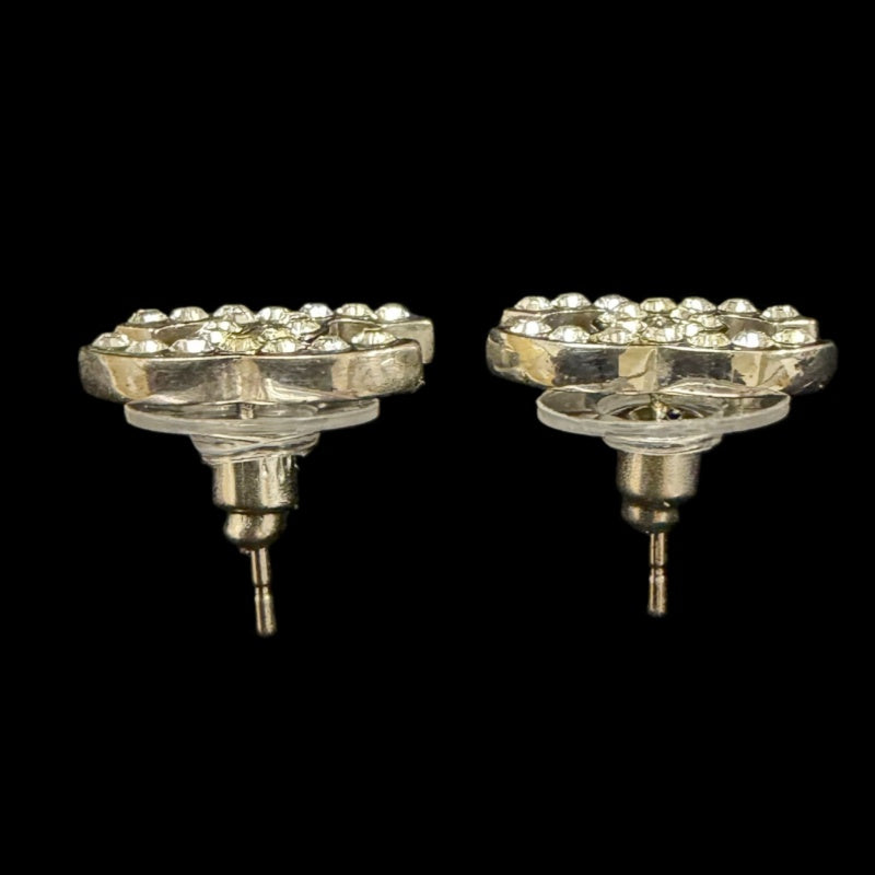CHANEL Classic CC Logo Crystal Stud Earrings Silver Tone Hardware