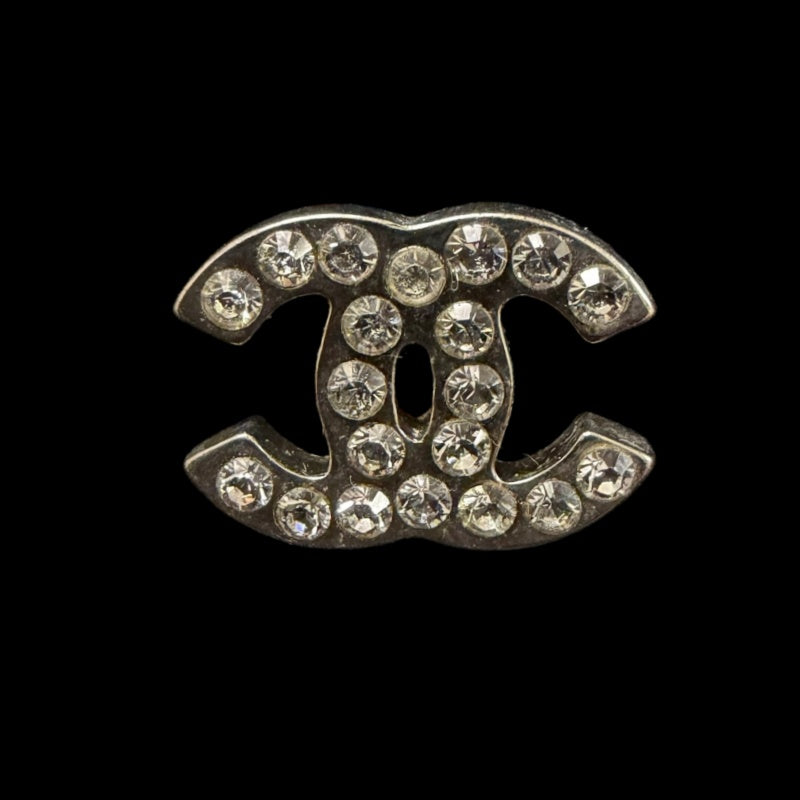 CHANEL Classic CC Logo Crystal Stud Earrings Silver Tone Hardware