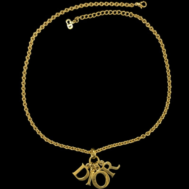 DIOR  Vintage Full Dior Logo Letter Pendant Necklace Gold Tone Hardware