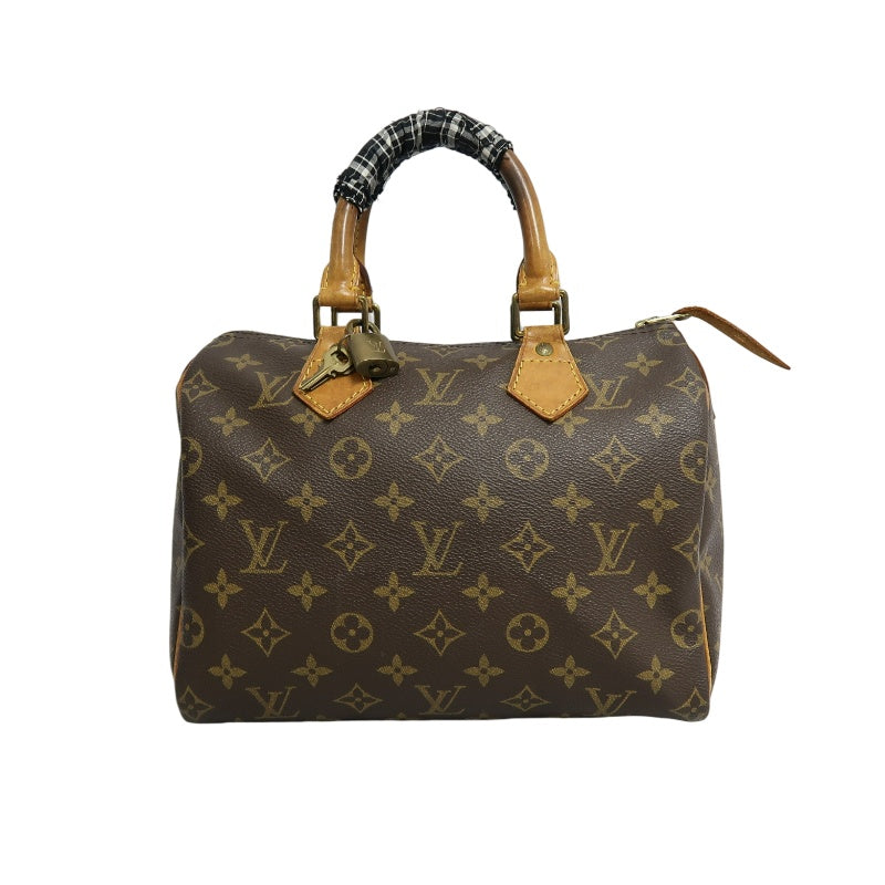 LOUIS VUITTON Monogram Speedy 25 Boston Handbag Brown Classic Canvas Tan Patina Calfskin Trim Original Padlock and Key Included Timeless Iconic Vintage Casual Everyday Bag