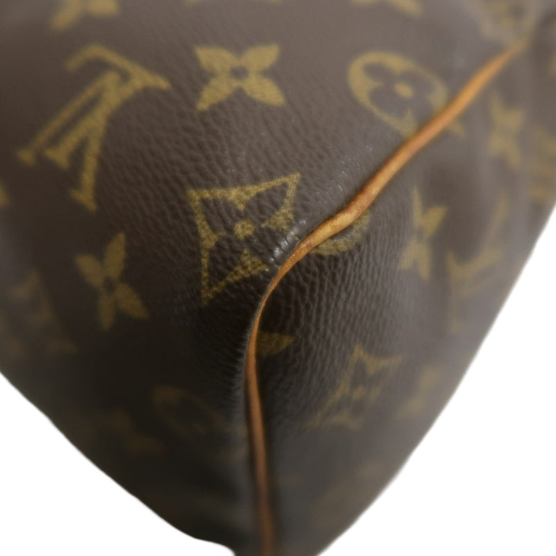 LOUIS VUITTON Monogram Speedy 25 Boston Handbag Brown Classic Canvas Tan Patina Calfskin Trim Original Padlock and Key Included Timeless Iconic Vintage Casual Everyday Bag