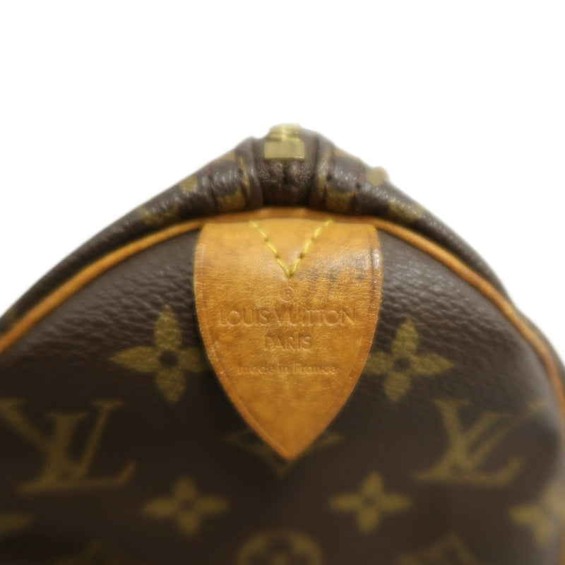 LOUIS VUITTON Monogram Speedy 25 Boston Handbag Brown Classic Canvas Tan Patina Calfskin Trim Original Padlock and Key Included Timeless Iconic Vintage Casual Everyday Bag