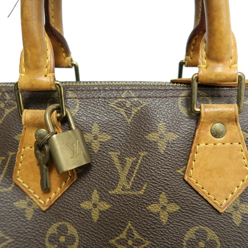 LOUIS VUITTON Monogram Speedy 25 Boston Handbag Brown Classic Canvas Tan Patina Calfskin Trim Original Padlock and Key Included Timeless Iconic Vintage Casual Everyday Bag