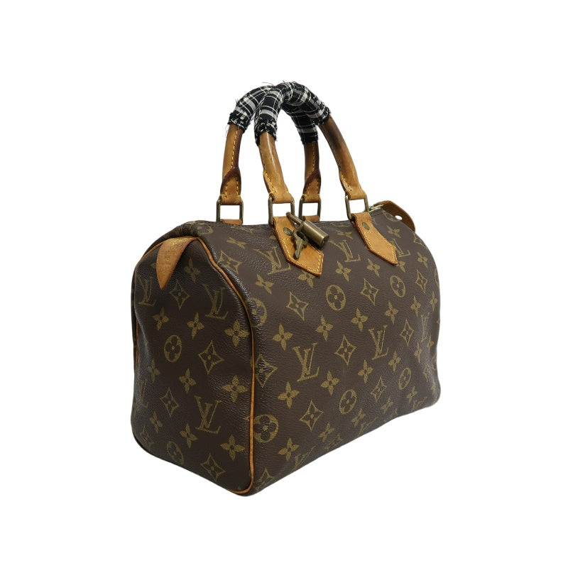 LOUIS VUITTON Monogram Speedy 25 Boston Handbag Brown Classic Canvas Tan Patina Calfskin Trim Original Padlock and Key Included Timeless Iconic Vintage Casual Everyday Bag