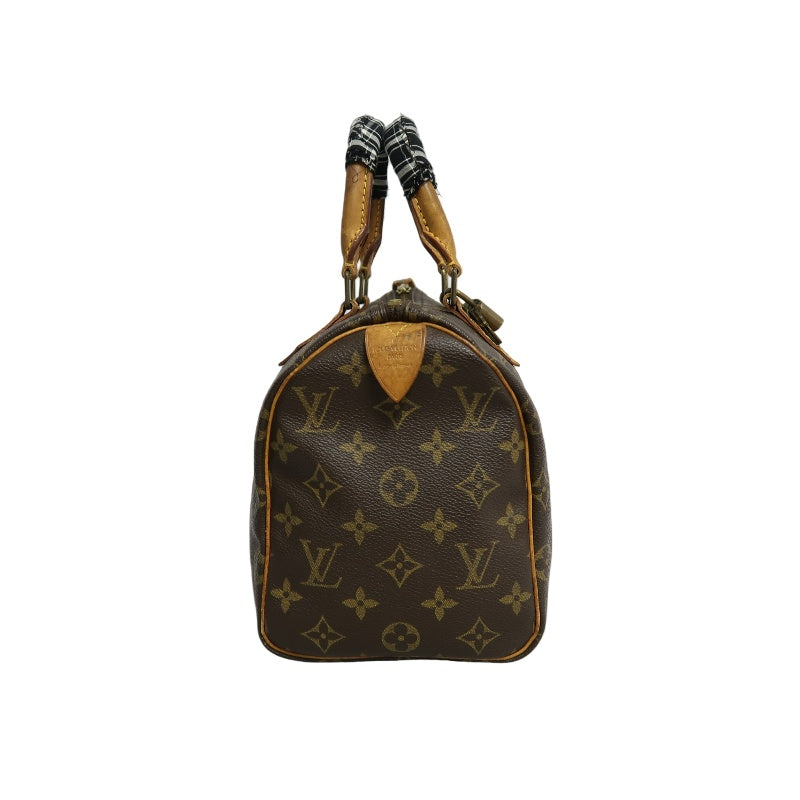 LOUIS VUITTON Monogram Speedy 25 Boston Handbag Brown Classic Canvas Tan Patina Calfskin Trim Original Padlock and Key Included Timeless Iconic Vintage Casual Everyday Bag