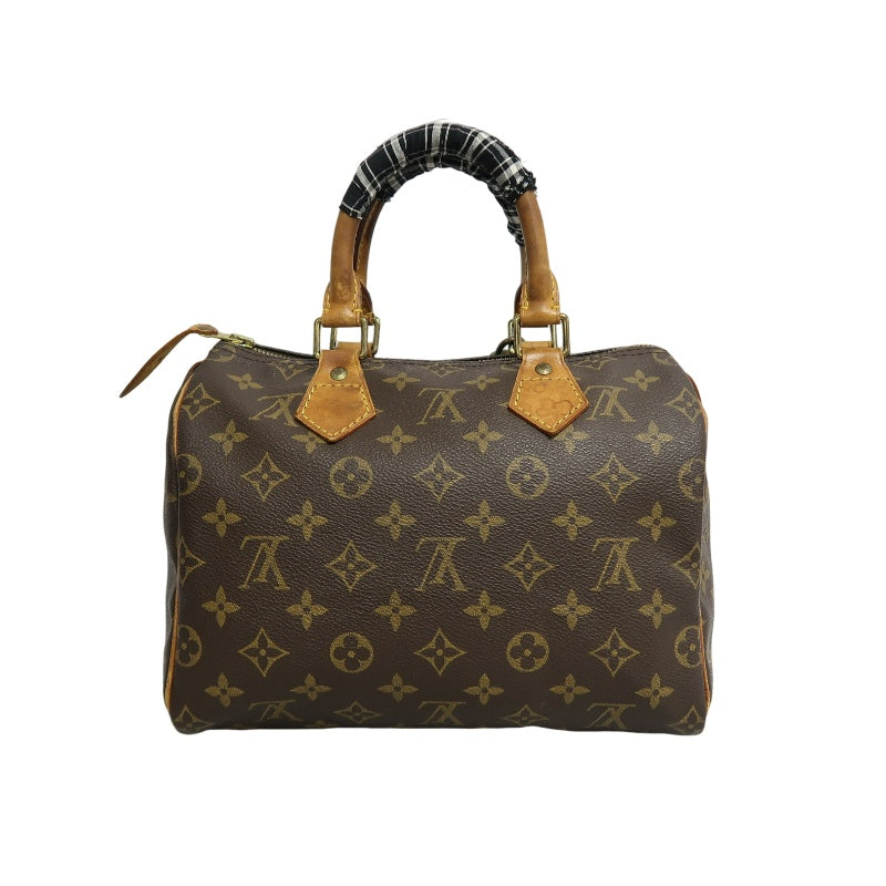 LOUIS VUITTON Monogram Speedy 25 Boston Handbag Brown Classic Canvas Tan Patina Calfskin Trim Original Padlock and Key Included Timeless Iconic Vintage Casual Everyday Bag